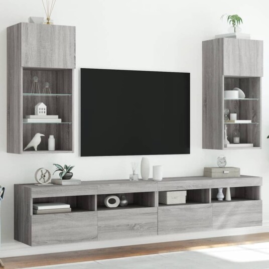 TV benker med LED lys 2 stk grå sonoma 40,5x30x90 cm