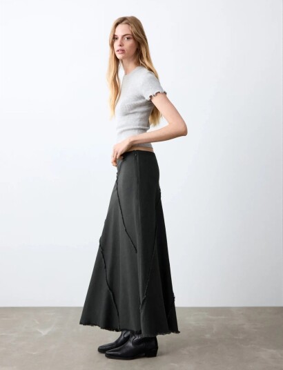 Mango Long Skirt With Distressed Details   Grey   S