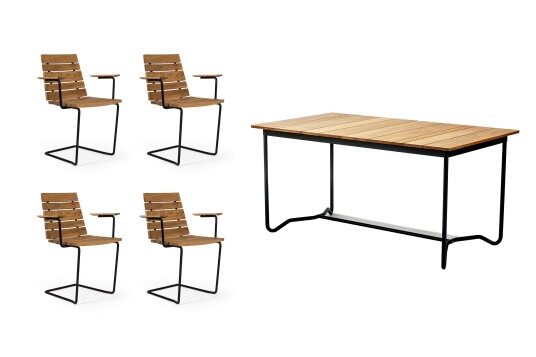 Skargaarden Grinda spisegruppe Teak med svarte detaljer 4 lenestoler & bord 150x85 cm