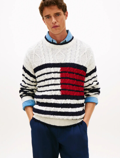 Tommy Hilfiger Breton Flag Cable Crew White XL