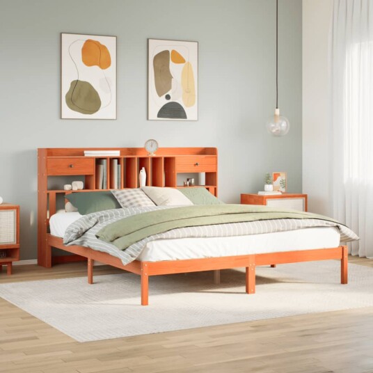Seng med bokhylle uten madrass voksbrun 200x200 cm heltre furu 8721158604354