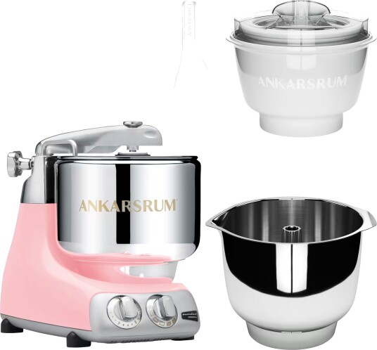 Ankarsrum Assistent Original AKM 6230 kjøkkenmaskin med iskremtilbehør og ekstra vispeskål cloudy pink