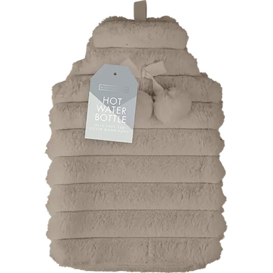 Varmedunk med faux fur-trekk og søte pomponer  1,7 liter BRUN