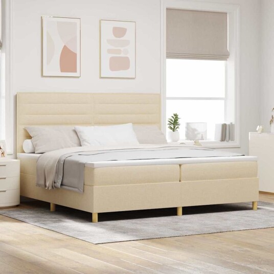 Box Spring Seng med Madrass & LED Kremhvit 200x200 cm Stoff