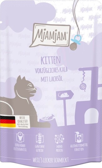 Mjamjam Våtfôr Økonomipakning Quetschie Kitten Utsøkt Kalvekjøtt Med Lakseolje 24 X 125 G