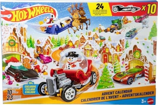 Hot Wheels lekebiler og sett 2025 Adventskalender inkluderer 10 lekebiler 10 dekorative klips og 14 vintertema tilbehør.