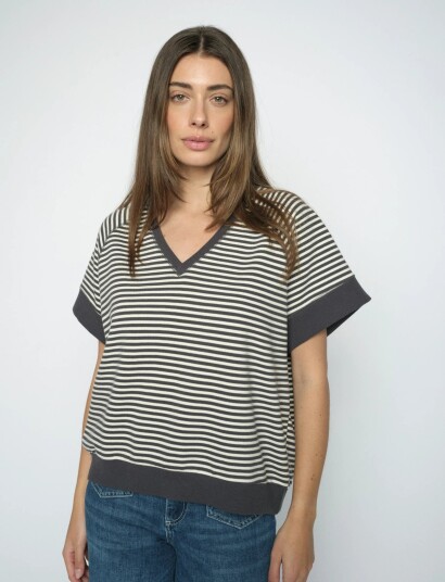 MOS MOSH Mmholt V Ss Stripe Sweatshirt Grey L MOS MOSH Mmholt V Ss Stripe Sweatshirt Grey L