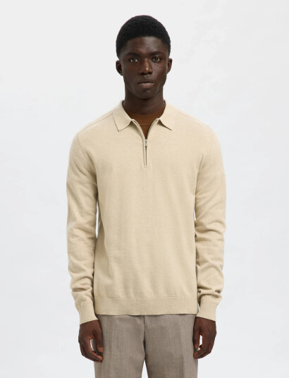 Selected Slhberg Ls Half Zip Polo Noos - Cream - XL