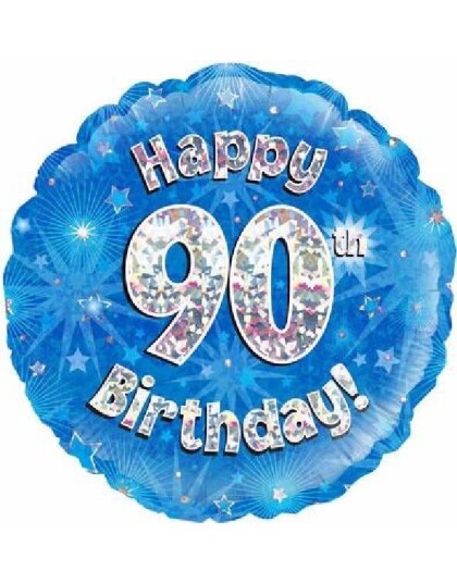 Happy 90th Birthday Blå Holografisk Folieballong 45 cm