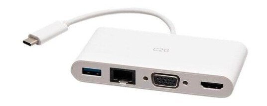 C2G USB C to HDMI VGA USB A & RJ45 Adapter - 4K 30Hz - White - docking station - USB-C / Thunderbolt 3 - VGA HDMI - GigE