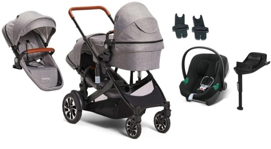 Beemoo Maxi 4 Twin Søskenvogn Inkl. Søskensete & Cybex Aton B2 Babybilstol & Base Grey/Volcano Black