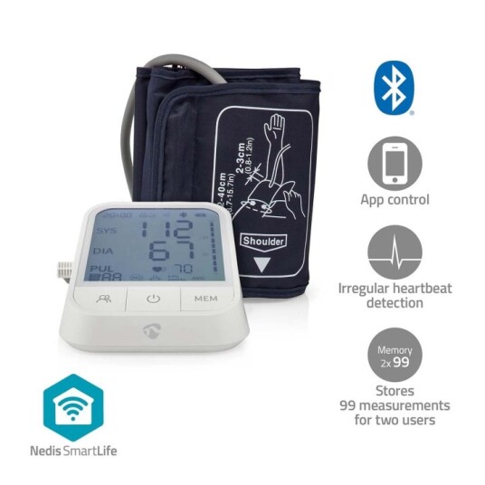 Nedis Smartlife Blodtrykksmåler | Væpne | Bluetooth | LCD-Skjerm | 22 - 42 cm | Deteksjon av uregelmessig hjerteslag / Deteksjon for mansjettbruk / Hold fortsatt indikasjon | Hvit Nedis Smartlife Blodtrykksmåler | Væpne | Bluetooth | LCD-Skjerm | 22 - 42 cm | Deteksjon av uregelmessig hjerteslag / Deteksjon for mansjettbruk / Hold fortsatt indikasjon | Hvit