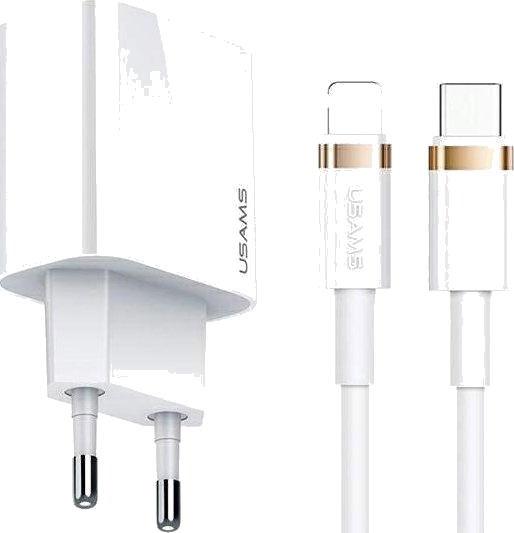 Usams T34 Nettlader 1Xusb-C 20W 5V-3A Pd3.0 + Kabel U63 Usb-C/Lightning 20W Hvit T49ocln01