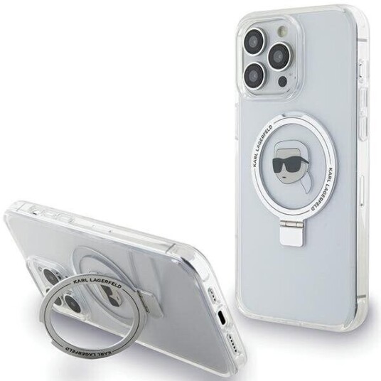 Karl Lagerfeld Mobildeksler iPhone 15 Pro 6,1" Hvit Hardt Etui med Ringstativ MagSafe