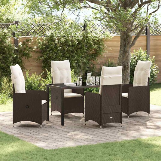 5 Delt Hage Spisestue Set med Puter Brun Poly Rattan