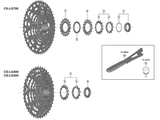 Shimano Linkglide lock ring og skive til kassettmodell CS LG400 10 gear