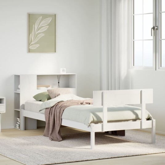 Seng med bokhylle uten madrass hvit 75x190 cm heltre furu 3321785
