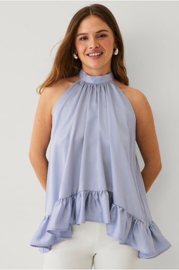 Ellos Collection Ermeløs bluse med frills Blå