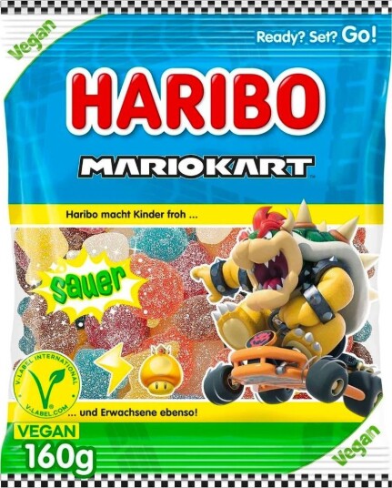 Haribo Mario Kart Sour Limited Edition Sur Vegansk Vingummi med Fruktsmaker 160 gram