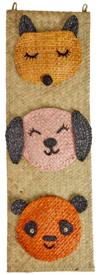 Rice Raffia Wall Hanger with Animal Face Pockets 60 cm x 20 cm