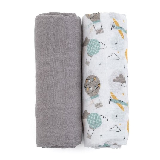 Petite&Mars Musselin Svøpetepper 2 stk Grey Planes 120cm
