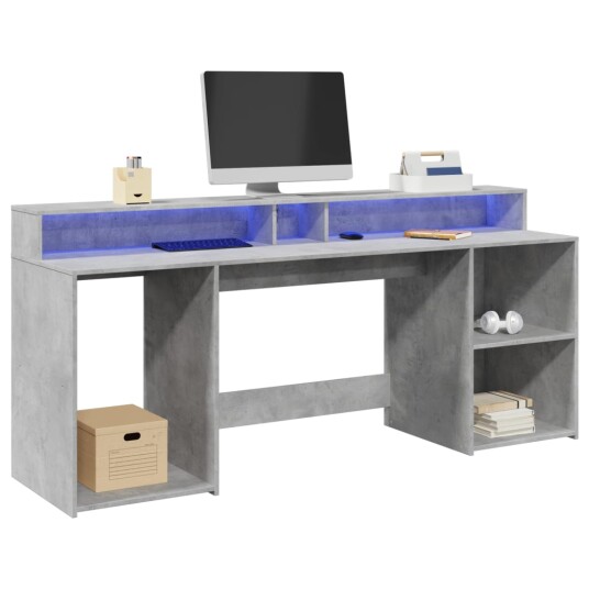 Skrivebord med LED-lys betonggrå 200x55x91 cm konstruert tre