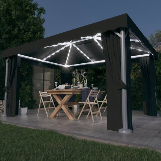 vidaXL Paviljong med gardin og LED-strenglys 4x3 m antrasitt vidaXL Paviljong med gardin og LED-strenglys 4x3 m antrasitt
