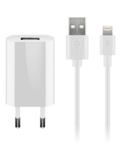 Pro Lightning-lader 1A 5W med USB-A og 1m Kabel - Hvit
