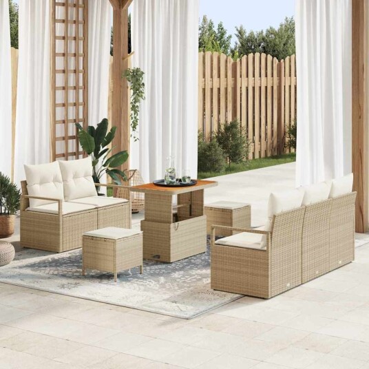 8 Delt Hagesofa Set med Puter Beige Poly Rattan Akasie