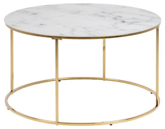 Bolt sofabord glass, hvit marmor print, gyllen krom stell.