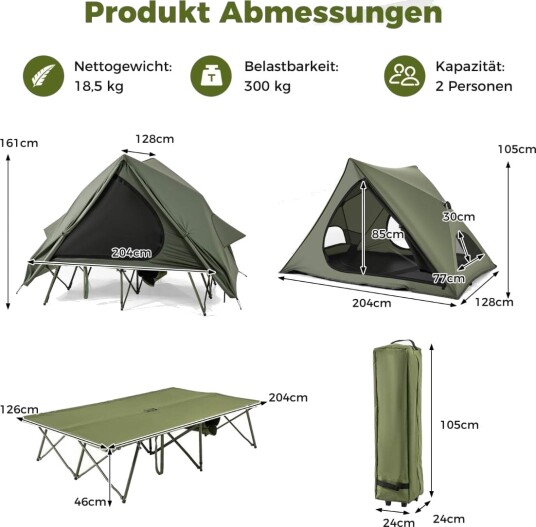 2 personers campingseng med pop up telt og regntrekk