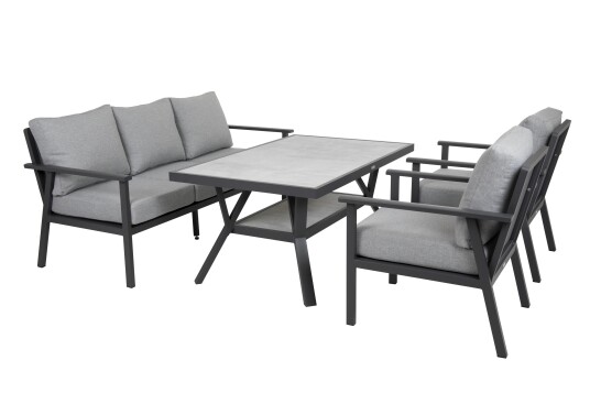 Brafab Samvaro sofagruppe Antrasitt med grå pute 3 seter sofa 2st lenestoler & bord 140x90 cm