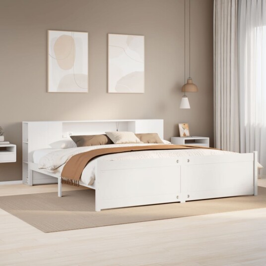 Seng med bokhylle uten madrass hvit 180x200 cm heltre furu 8721158612311