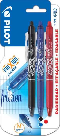 Pilot FriXion Ball Clicker Penn viskbar, 0,7 mm, 3-pakk, Markere & markører