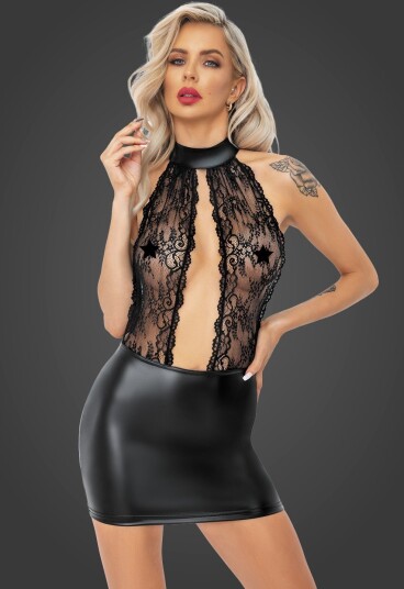F279 Short powerwetlook dress with lace top
