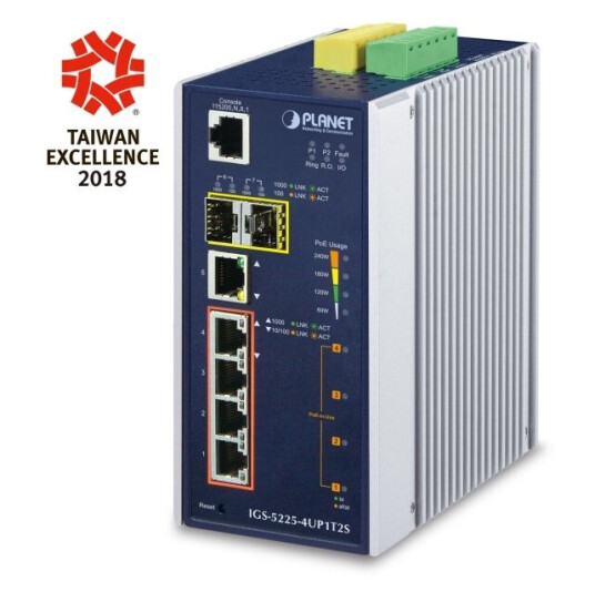Planet Igs-5225-4Up1t2s, Håndtert, L2+, Gigabit Ethernet (10/100/1000), Full Tosidig, Strøm Over Ethernet (Poe), Kan Monteres På Vegg