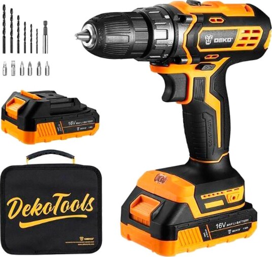 Deko Tools Batteridrill Med 2x Batterier Og Bits 16v Deko Tools Batteridrill Med 2x Batterier Og Bits 16v