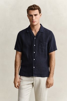 GANT Reg Gmnt Dyed Linen Ss Camp Shirt   Navy   S