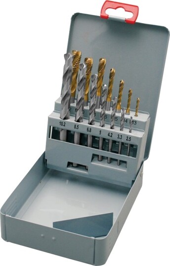 Spiralventiler i sett M3-M12 HSS-TiN 45° DIN371/376 (14 deler)