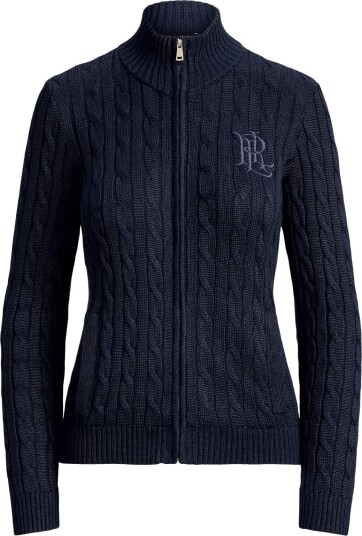 Lauren Ralph Lauren Cable Knit Full Zip Mockneck Sweater LAUREN NAVY M