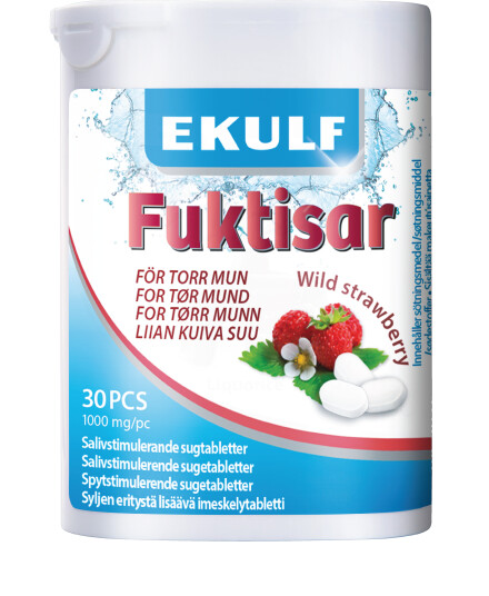 Ekulf Fuktisar Sugetabletter mot munntørrhet, Markjordbærsmak, 30 stk.