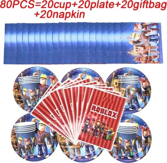 Barnebursdagsgaveposer Roblox Tema Festutstyr Papptallerkener Krus Asjetter Servietter Babyshower Engangsservisesett 80 stk - XF10--FA-