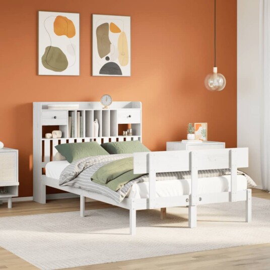  Seng med bokhylle uten madrass hvit 135x190 cm heltre furu 8721158606129