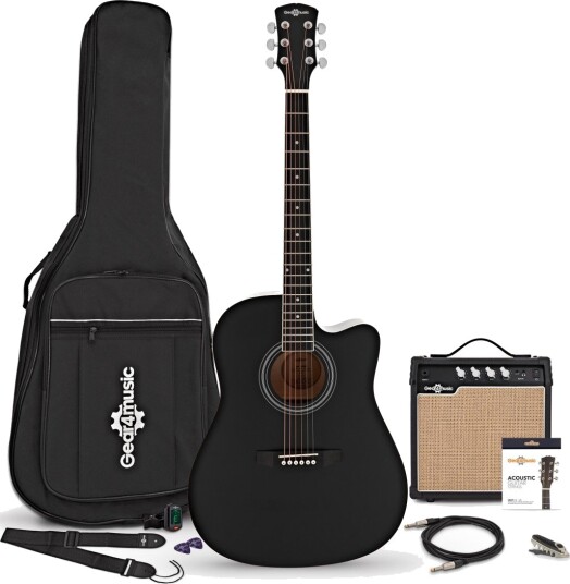 Gear4Music Dreadnought Cutaway Elektroakustisk Gitar Svart med 15 W Akustisk Forsterkerpakke