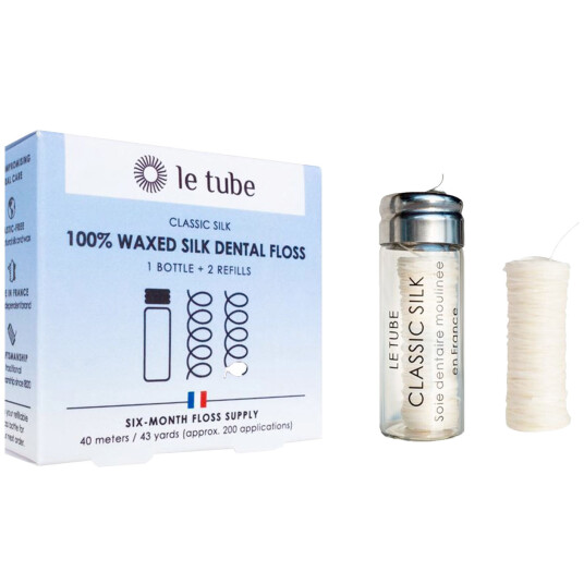 Tanntråd Økologisk Grown Le Tube Classic Silk 2 x 20 mtr. + Glassdispenser Tanntråd Økologisk Grown Le Tube Classic Silk 2 x 20 mtr. + Glassdispenser