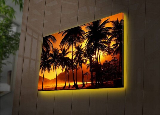 Lerretsbilde med LED belysning 45x70 cm Tropisk solnedgang med palmer i silhuett Oransje / Svart