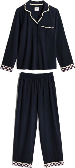 Chelsea Peers Organic Cotton Checkerboard Embroidered Back Good Night Long Pyjama Set   NAVY   38