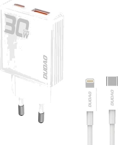 Dudao 30W GaN USB-C Nettlader med Lightning-kabel - Hvit