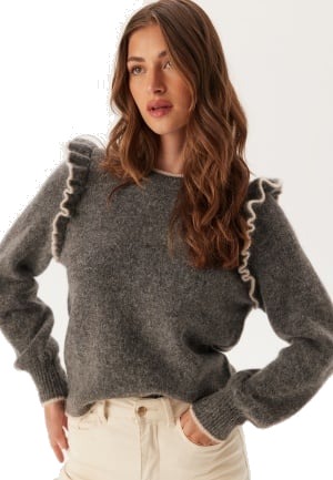 SELECTED FEMME Slfalva Frills Ls Knit O-neck Medium Grey Melange Detail:bir L SELECTED FEMME Slfalva Frills Ls Knit O-neck Medium Grey Melange Detail:bir L