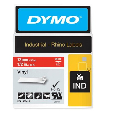 DYMO Rhino industri vinyl tape,12 mm x 5.5 m rull, hvit p rd, selvklebende DYMO Rhino industri vinyl tape,12 mm x 5.5 m rull, hvit p rd, selvklebende